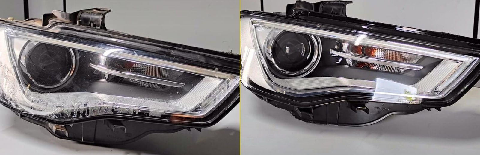 Antes e Depois: Eliminação de infiltração de água e condensação interna em farol Audi